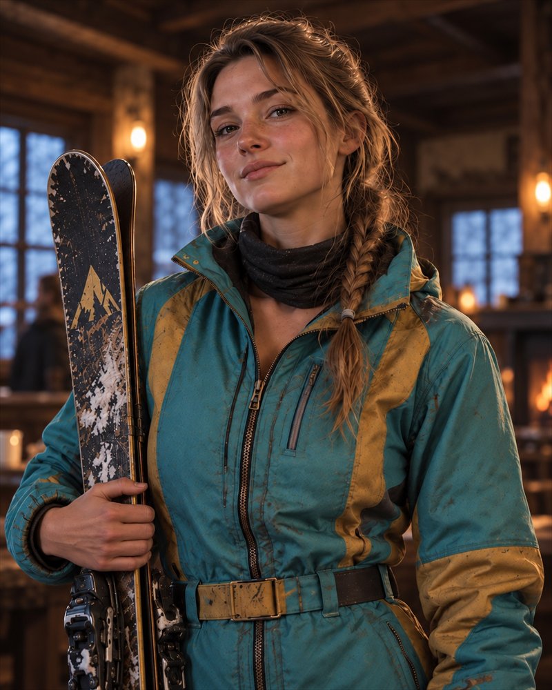 Astrid in her turquoise and yellow suit, holding her skis