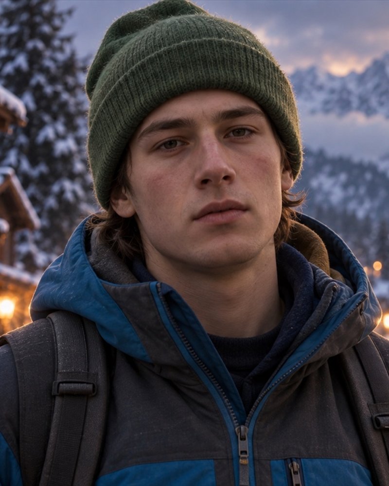 Rook in his blue jacket, with Valmont glowing behind him at dusk