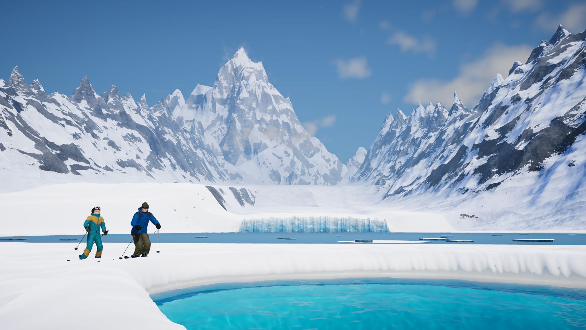 Rook and Astrid beside a glacier lake