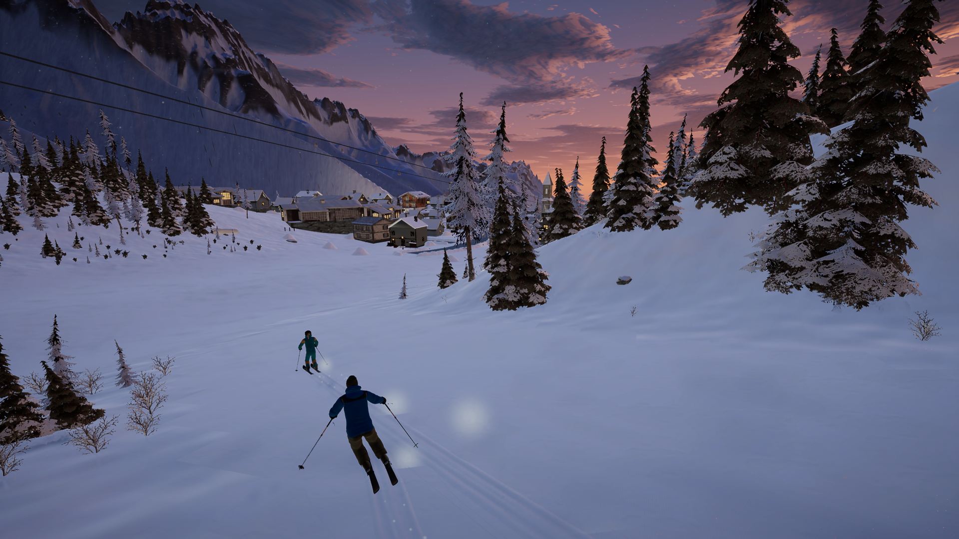 Rook and Astrid skiing toward the lights of Valmont at sunset